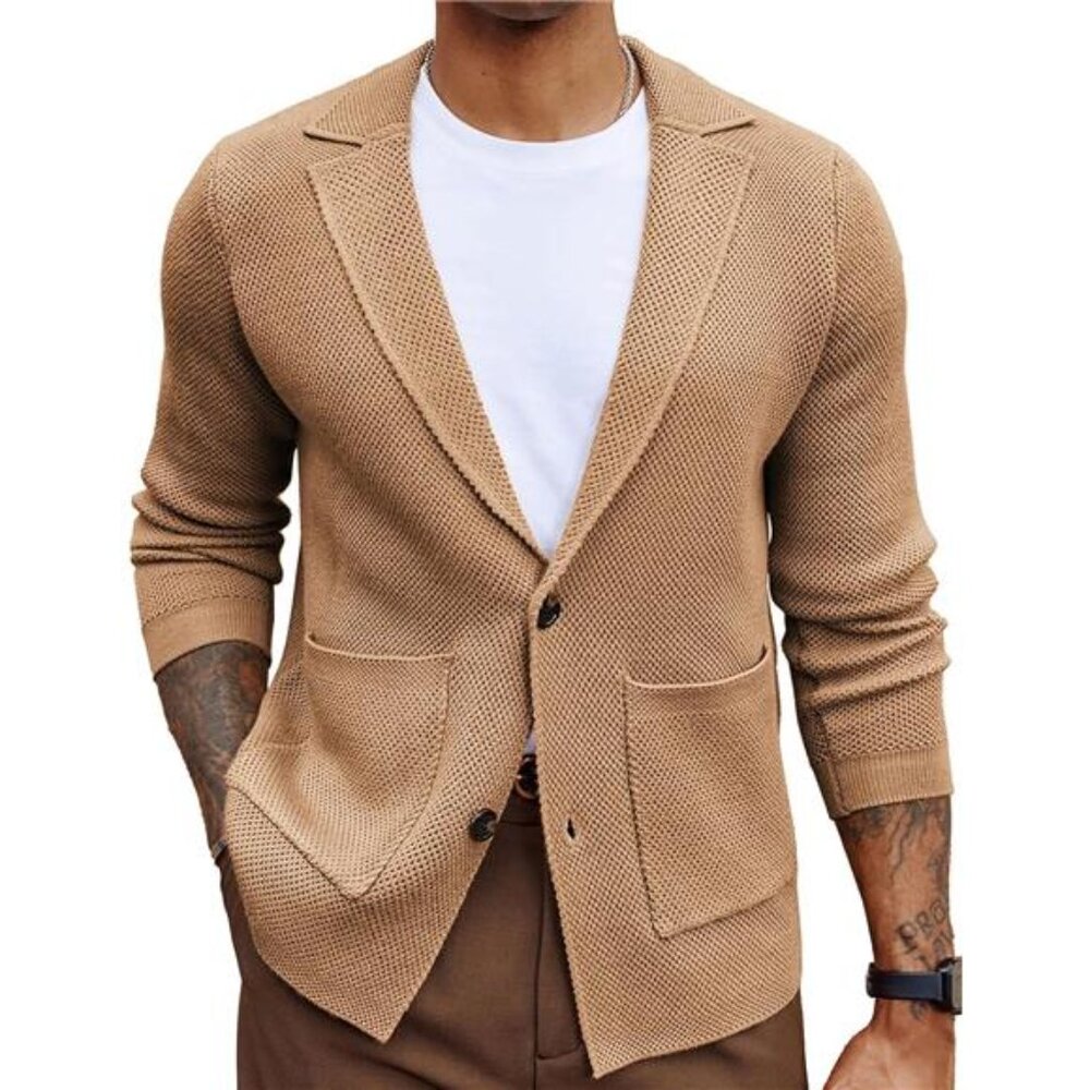Men's Sweater Shawl Collar Button Down Jacket Khaki - Picture 1 of 6